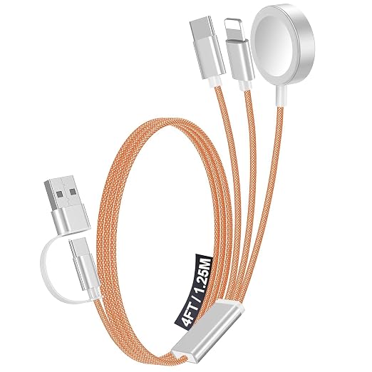 1Pack Travel Essentials for Apple Watch Charger,3-in-2 Multi Charging Cable | Cruise Vacation Camping Essentials for iPhone Charger,Type C/Lightning for iWatch,iPhone 17-12,Xbox Series X&S-4FT Orange by Accessoriesforphoneandelectricproducts