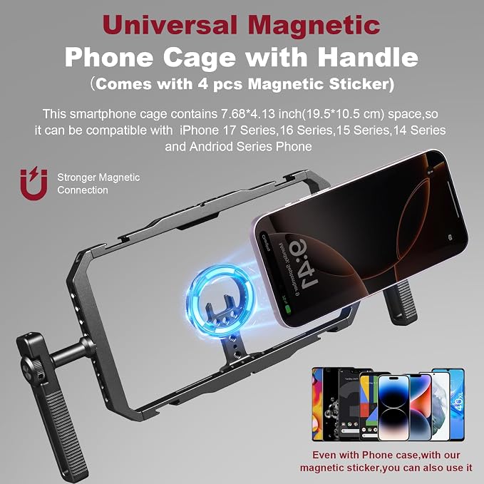 Magnetic Phone Cage with Handle,Smartphone Cage Kit with 360° Rotation Handgrip and Magnetic Sticker for Photography,Compatible with iPhone 17/16/15/14/13 Series and Andriod Phones (Black) - Image 2