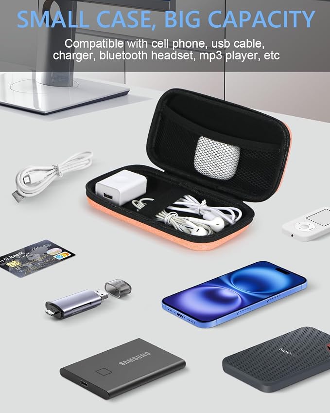 Small Carrying Case, Travel Case, Electronic Accessories Organizer | for Sandisk, Samsung SSD, Earbuds, Cable, Hard Disk, MP3 Player，Portable Storage Pouch Bag , Shockproof,Light-Orange - Image 3