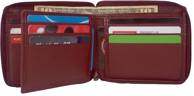 RFID Blocking Bifold Cowhide Leather Wallets For Men With Zipper Security | Safe Metal Zip Chain 9 Card-ID Slim Minimalist Mens Wallet (Burgundy) - Image 3