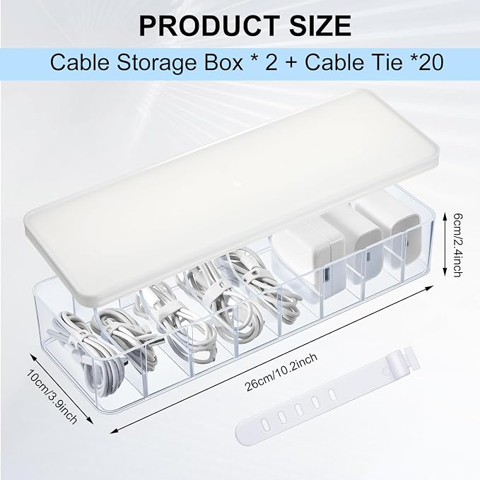 Tatuo 2 Pcs Cord Organizer for Drawer Desktop, Cable Organizer Box with 8 Compartments and Wire Ties, Plastic Charger Storage with Lid, Electronics Case for Home Office Accessories (Small,Clear,White) - Image 2