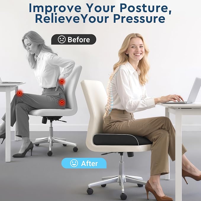 Seat Cushion, Memory Foam Office Chair Cushion, Black, Large | Office Desk Accessories, Butt Pillow for Long Sitting Sciatica, Coccyx, Tailbone, Hip Pain Relief - for Home, Car, Airplane - Image 4