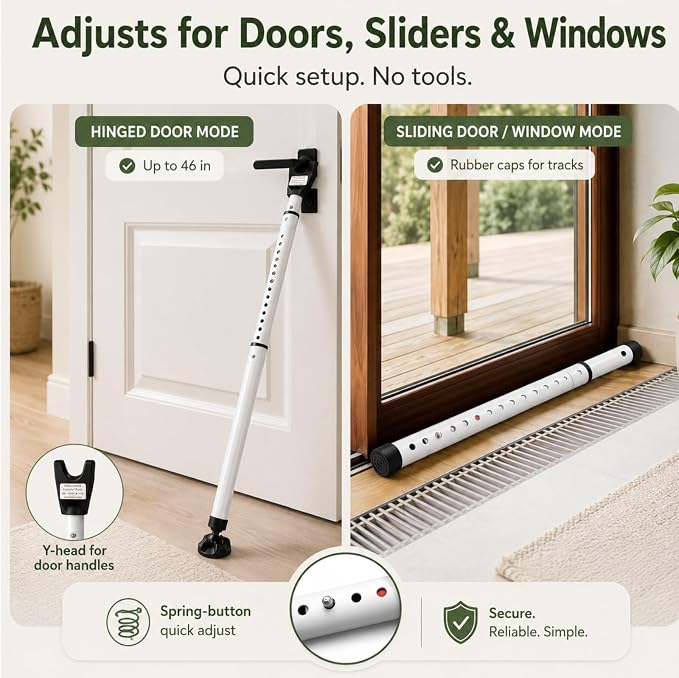Door Security Bar, 18"-46" Adjustable Door Jammer with Large Anti-Slip Rotating Base, 1.3" Heavy Duty Steel Door Brace for Hinged Doors, Sliding Glass Patio Doors, Home, Apartment & Hotel - Image 6