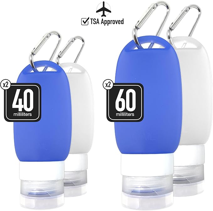 Cruise On Silicone Travel Bottle Set, TSA Approved, Leak-Proof Squeeze Bottles for Shampoo, Lotion & Liquids (2 oz & 1.4 oz), Refillable Containers with Carabiner Clips for Easy Carry - Image 3