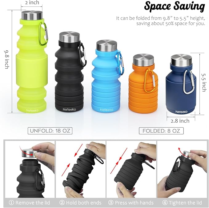 Nefeeko Collapsible Water Bottle, 18floz Reuseable BPA Free Silicone Foldable Bottles for Travel Gym Camping Hiking, Portable Leak Proof Sports Water Bottle with Carabiner | Foldable Water Bottles for Travel Gym Camping Hiking, Portable Leak Proof Spor... - Image 2