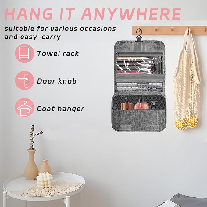 Toiletry Bag Travel Bag with Hanging Hook, Waterproof Shower Bathroom Hanging Toiletry Bag for Men Women,Small Multifunctional Makeup Cosmetic Bag,Portable Toiletries Bag Travel Organizer (Grey) | Small Multifunctional Makeup Cosmetic Bag,Waterproof Sh... - Image 4