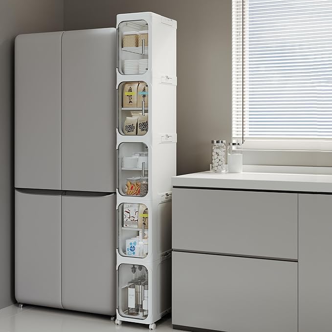 5-Tier Tall Slim Narrow Bathroom Storage Cabinet, White | Tool Free Assembly, Adjustable Shelves, Fits for Narrow Spaces, Reinforced Stability, Magnetic Clear Door by Lifelongpal
