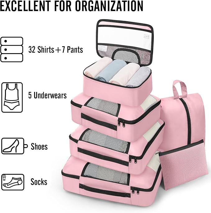 Veken 8 Set Packing Cubes for Travel Essentials,Anti-Wrinkle Buckled Suitcase Organizer for Shoe & Toiletry Bag,Carry On Luggage Bag with 99+ Count Mesh Holes for Airplane & College Dorm Accessories - Image 5