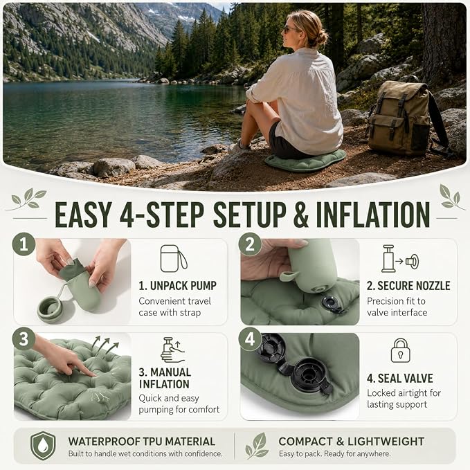 Inflatable Seat Cushion with Pump for Airplane Travel and Stadium | No Mouth-Blow Pump, 14.6 x 10.2 x 1.96 in, Water-Resistant 30D Nylon TPU, Lightweight for Travel, Camping and Hiking - Image 4