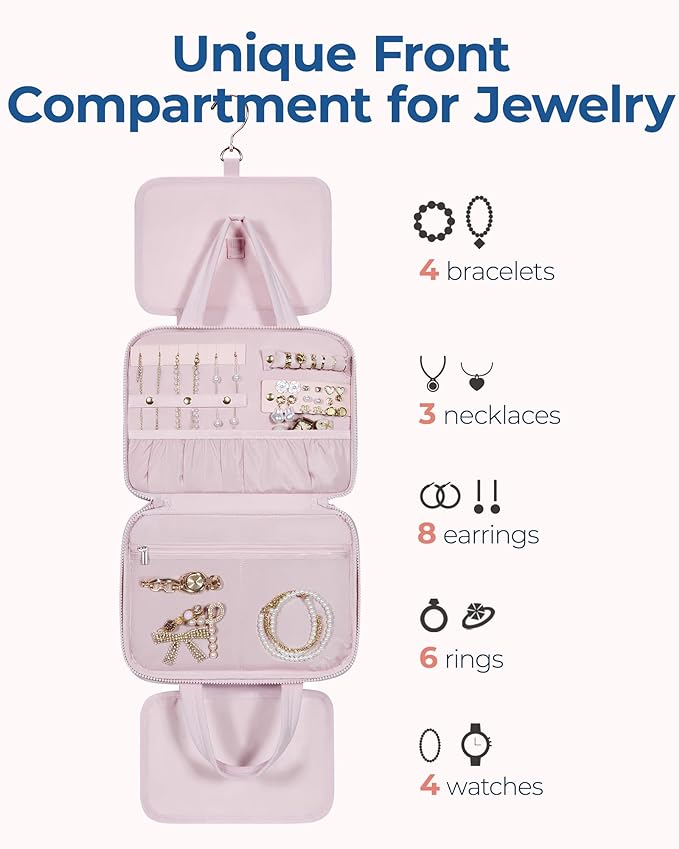BAGSMART Travel Toiletry Bag with Jewelry Organizer, Hanging Travel Bag for Toiletries, Puffy Makeup Cosmetic Bag Organizer, Carry-on Travel Accessories Essentials, Pink-L - Image 2