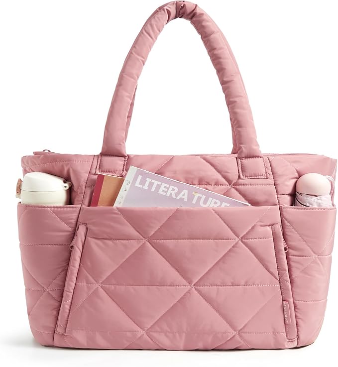 BAGSMART Tote Bag for Women, Puffer Tote Bag with Zipper, Large Quilted Shoulder Bag with Compartments for Travel, Work, Gym by BAGSMART