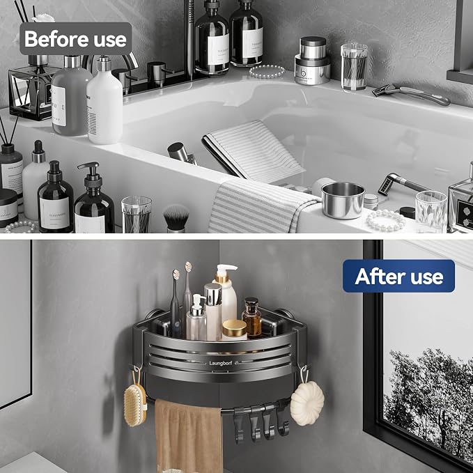 Corner Shower Caddy Suction Cup, Gray (2 Pack) | Rustproof aluminum shelf with towel bar & hooks. No-drill removable wall storage. Strong suction - Image 6