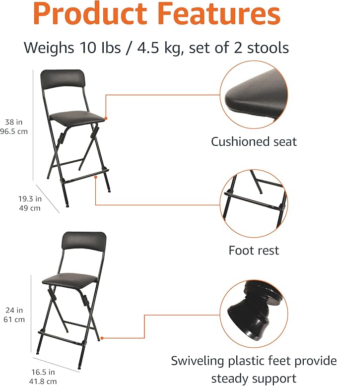 Amazon Basics Folding Bar Stool with Footrest, Portable, Sturdy, Space-Saving Storage, 300lb Capacity, 24" Height, Black, Set of 2 - Image 3