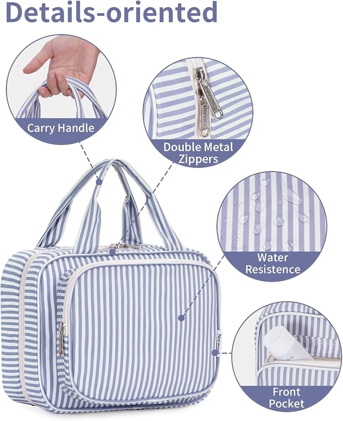Narwey Striped Hanging Toiletry Bag for Women Travel Makeup Bag Organizer Toiletries Bag for Travel Size Essentials Accessories Cosmetics (Greyish Blue Stripe (Medium)) - Image 5