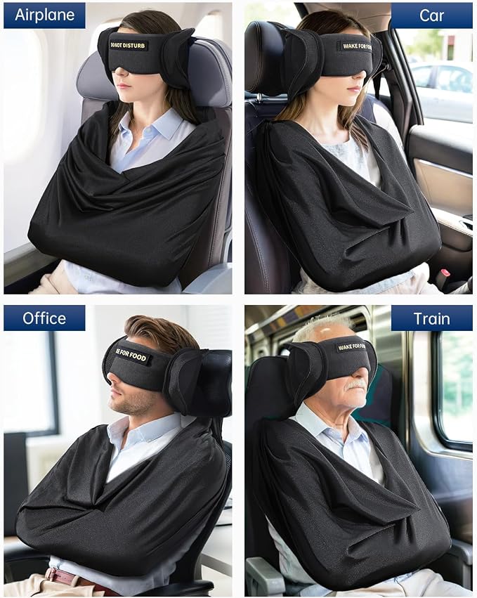 Travel Pillow and Blanket Set, Compact Airplane Pillow Bag with Eye Mask for Long Flights Sleeping, 360° Support Head Strap Travel Essentials for Plane Sleep Neck Upright, Stop Head Bodding (Black) - Image 7