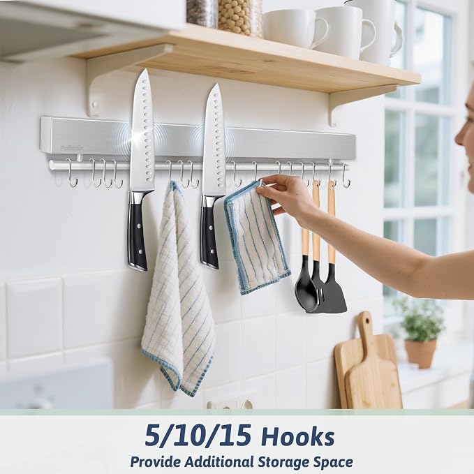 23 Inch Magnetic Knife Holder for Wall - Stainless Steel Magnet Knife Strip No Drill with 15 Hooks/Adhesive Tape/Screws, Kitchen Utensil Holder, Magnetic Knife Organizer, Wall Mounted Knife Storage - Image 3