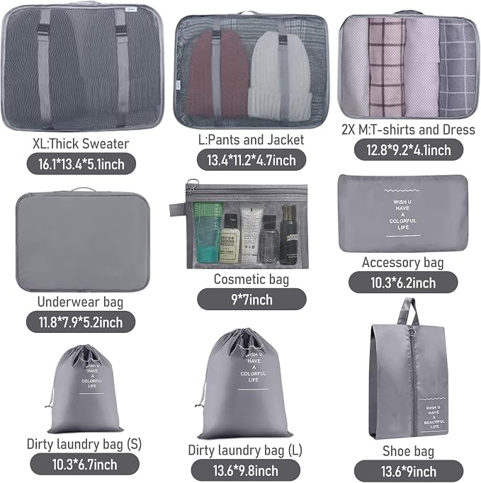 Packing Cubes for Travel- 8 Set Luggage Organizer Bags for Family, Mesh Breathable Travel Packing Cubes for Suitcases Durable Travel Essentials Bags Set (Grey, 10 Set) - Image 6