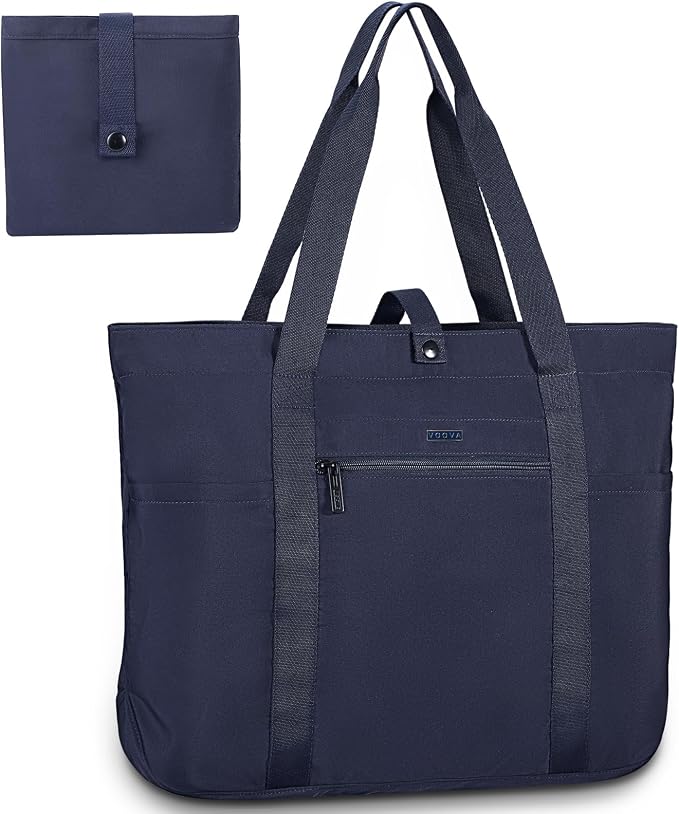 Voova Large Canvas Tote Bag for Women with Shoulder Strap, Black | 13-inch laptop compartment and multiple pockets in a roomy crossbody tote for work, travel, school or shopping by Voova