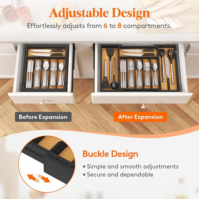 Lifewit Silverware Drawer Organizer, Wooden Utensil Tray for Kitchen | Expandable Flatware and Cutlery Holder, Adjustable Storage for Spoons Forks Knives, 13-22x15", Natural and Black - Image 8