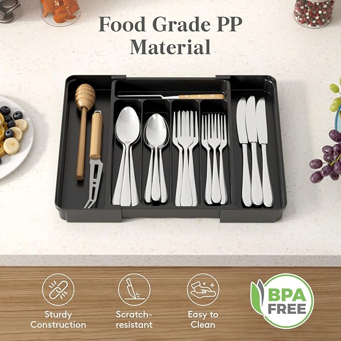 Lifewit Silverware Organizer for Drawer, Expandable Utensil Tray | BPA-free Plastic Adjustable Cutlery Holder for Kitchen Storage, 8.1-13.9 x 11.3, Black - Image 7