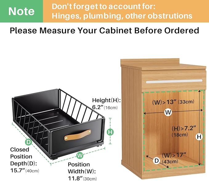 Pull out Cabinet Organizer,Heavy Duty Slide out Pantry Shelves Drawer Storage with Adhesive Nano Film,Sliding Mesh Cabinet Basket with Handle for Kitchen, Bathroom, Home, 11.8"W X 15.7"D X6.2"H,Black - Image 2
