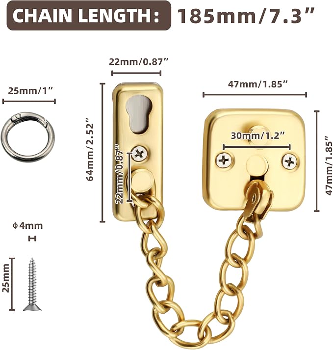Mooche Door Chain Lock, Chain Door Lock with Spring Anti-Theft Press Lock | Thickened Stainless Steel Door Latch Guard with Screws for Interior Outdoor Toilet Barn Fence Garage (Gold) - Image 2