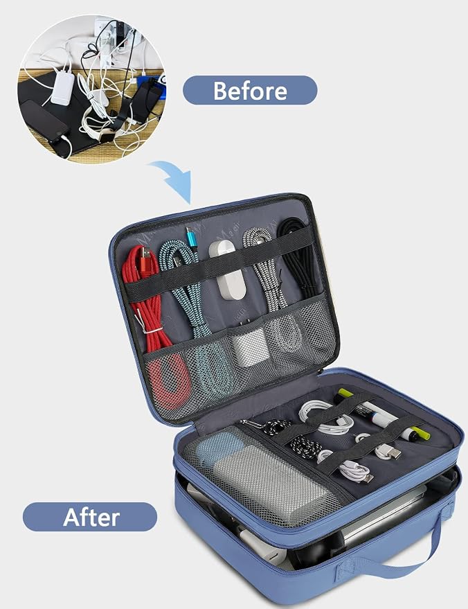 MATEIN Electronics Organizer Case, Cable Organizer Bag with Handle, Blue | Electronic Accessories Case for Cable, Cord, Tablet, Charger, Phone, Double Layers Tech Case Travel Gifts for Men and Women - Image 3