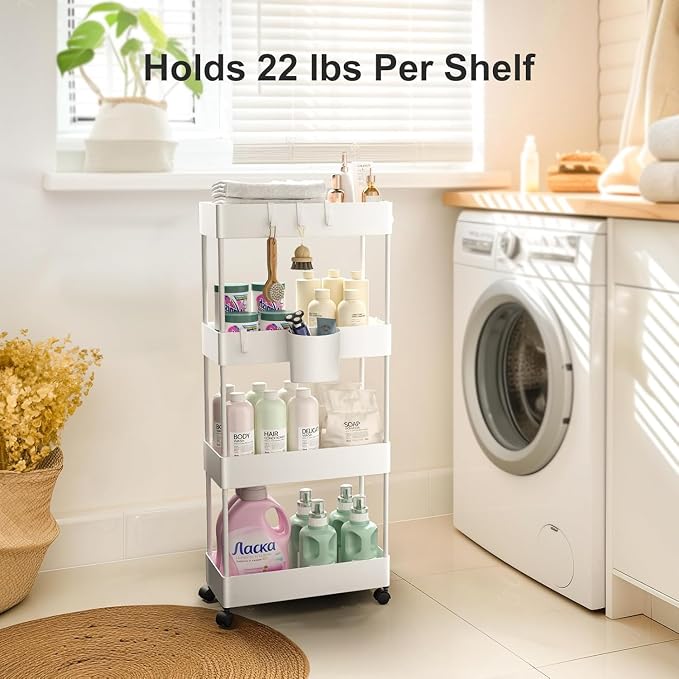 Pipishell 4 Tier Slim Storage Cart with Wheels, Laundry Cart, White | 7.1 inch Wide - Fits Narrow Spaces, Storage Cup and 6 Hooks, Ventilation Holes, Durable ABS Material, Detachable Wheels - Image 4