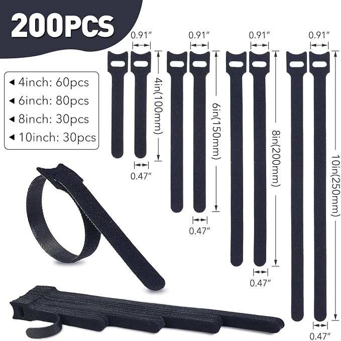 MVYC 200PCS Reusable Cable Ties Wire Ties Cord Organizer Cable Organizer Adjustable Cable Management Black 4+6+8+10 inch - Image 2
