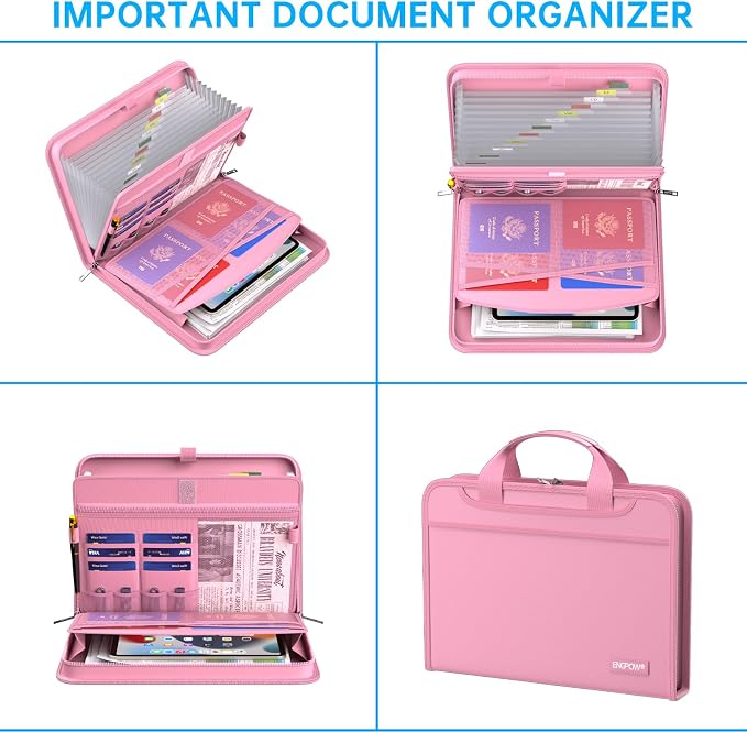 ENGPOW Accordion File Organizer,Fireproof Expanding File Folder with Multi Pockets,13 Pockets Document Organizer with Handle & Labels,Portable Home Travel Safe Storage Folder for Letter A4 Files,Pink - Image 3