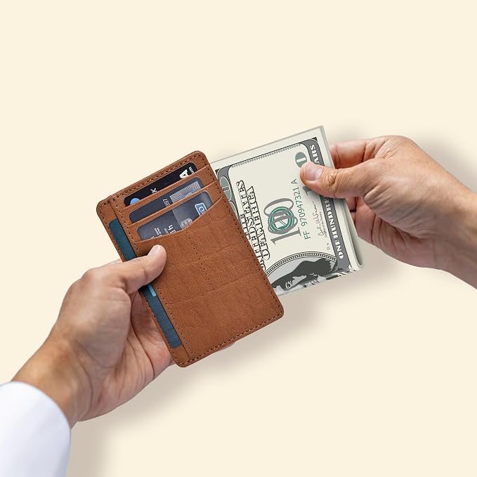 Slim Minimalist RFID Leather Wallet, Front Pocket Card Holder, Dark Cognac - Image 4