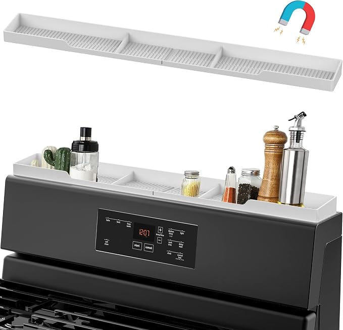 AWOKE Stove Top Shelf 30 Inch - Silicone Material Magnetic Shelf for The Stove - 3 Functional Partitions Kitchen Spice Rack Organizer - White by AWOKE