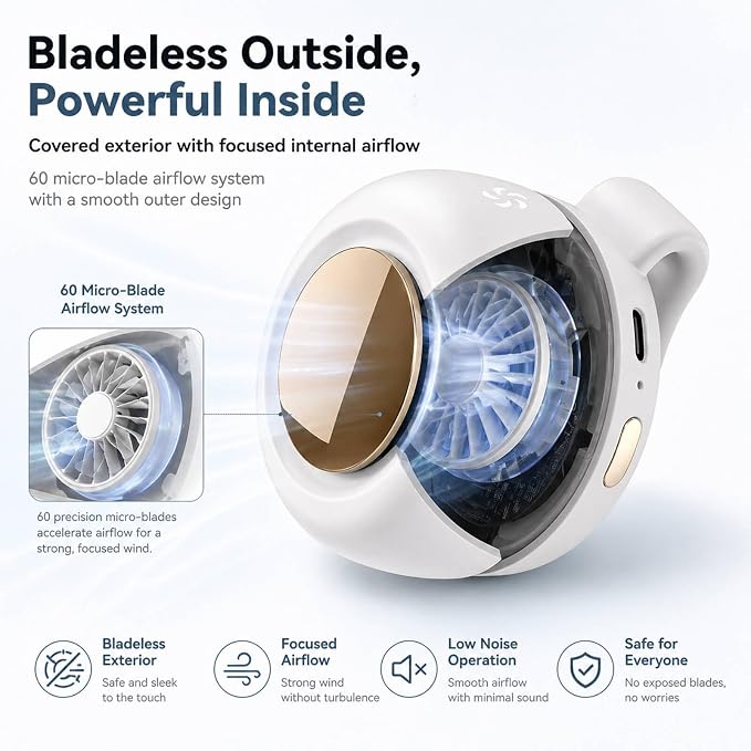 Clip on Fan, Portable Wearable Personal Mini Fan for Shirt & Waist, 3-Speed Quiet Bladeless Rechargeable Fan, USB-C, 360° Adjustable Hands-Free Cooling for Travel Outdoor Office (White) - Image 7