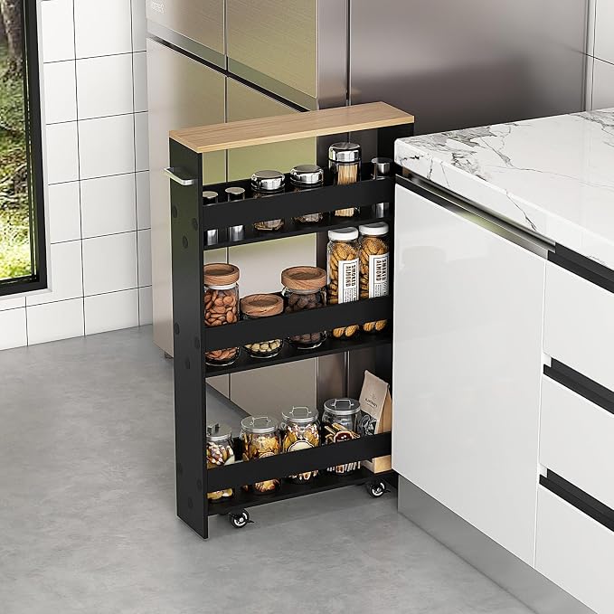 COSTWAY Slim Rolling Storage Cart, 4-Tier Rolling Utility Cart, Wood Kitchen Storage Cart with Handle & Wheels, Narrow Rolling Shelving Unit for Kitchen Bathroom Laundry Small Places (Dark) - Image 9