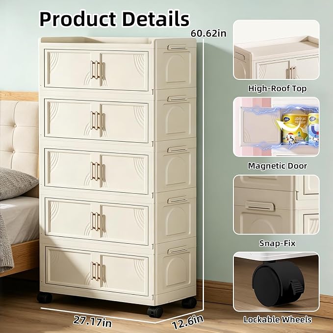 5 Tier Foldable Storage Cabinet with Lids, 313QT Large Premium PP Storage Organizer with Magnetic Doors and Wheels, Heavy Duty White Storage Bins for Home, Office, Kitchen, Dorm - Image 2