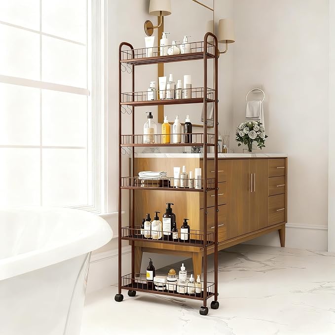 6in 6-Tier Slim Storage Cart with Wheels, Metal Narrow Rolling Shelf, Sturdy Slim Storage with Hooks Ideal for Kitchen, Bathroom, and Laundry Room (Champagne Gold) - Image 3