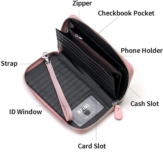 Moflycom Womens Wallet RFID Blocking Genuine Leather Multi Credit Card Large Capacity Zip Around Clutch Travel Purse Wristlet - Image 3