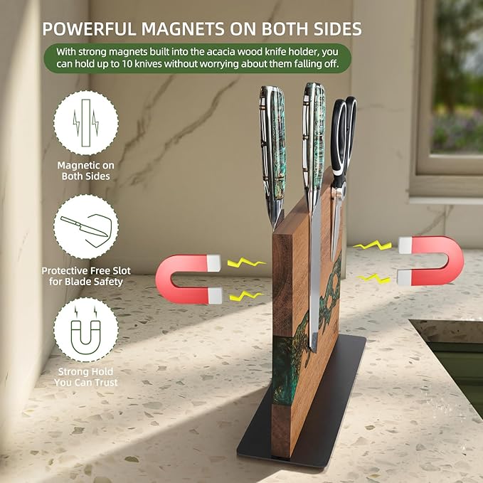Magnetic Knife Block, Double-Sided Knife Holder with Strong Magnets, Acacia Wood and Golden Green Resin, Countertop Kitchen Knife Storage Stand (12 × 10 Inches, Without Knives) - Image 5