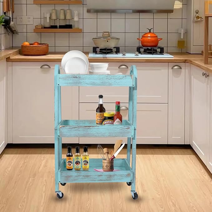 3-Tier Rolling Utility Cart with Lockable Wheels Storage Slim Storage Heavy Duty Cart Mobile Shelving Unit Craft Narrow Organizer for Bathroom Laundry Kitchen (Vintage Blue) - Image 6