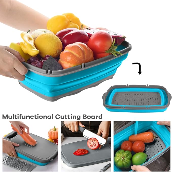 Gintan Collapsible Camping Cutting Board, 9-in-1 Chopping Board with Colander, Kitchen Vegetable Washing Basket for Camping, Camping Gifts Camping Accessories for RV Campers (Blue+Grey) - Image 6