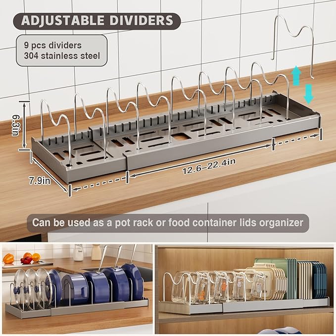 Magheo 2 Pack Expandable Food Storage Container Lid Organizers, 22" Pots and Pans Organizer Under Cabinet with 9 Adjustable Dividers Pot and Pan Lid Holders Rack Inside Cabinet(Gray) - Image 2