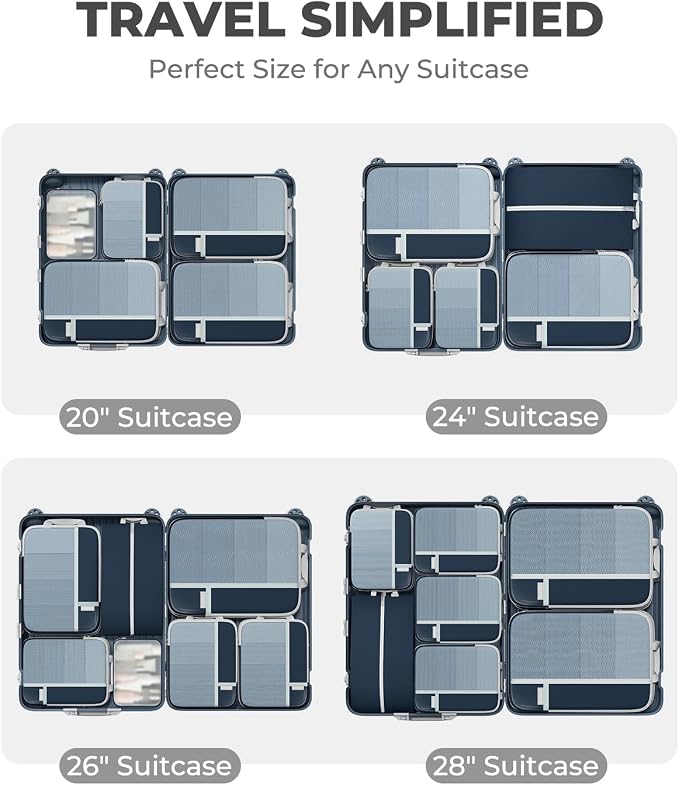 Percover Compression Packing Cubes for Travel, 8-Piece Structured Compression Organizer Set with Laundry Bag & Shoe Bag for Carry-On & Checked Luggage, Navy Blue - Image 6