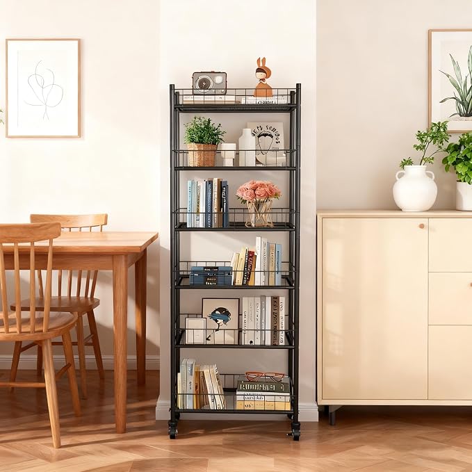 Utility Slim Storage Cart 6 Tier Narrow Metal Frame Carts | 6 Tier Narrow Kitchen Storage Cart,Laundry Room Carts, for Kitchen,DiningRoom,Living Room,Home Office,Classic Black - Image 4