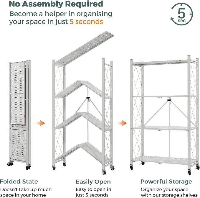 DEANIC 4 Tier Foldable Storage Shelves with Wheels, Large Capacity Shelving Unit, Freestanding Metal Wire Shelf Rack, No Assembly Organizer Rack for Garage Kitchen, Basement, Pantry(Grey Pack of 2) - Image 5