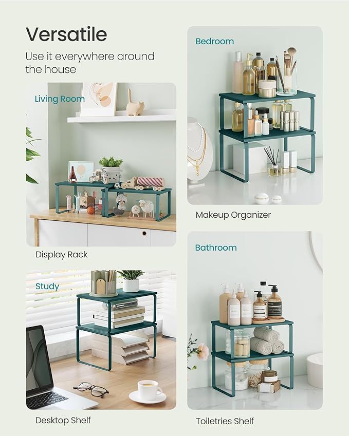 SONGMICS Cabinet Organizer Shelf, Set of 2 Spice Rack, Kitchen Storage | Kitchen Counter Storage Spice Rack, Steel, Bamboo, Marrs Green, BYSTRO Collection UKCS002C02 - Image 5