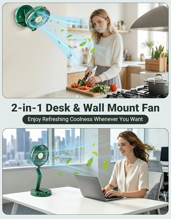 Portable Foldable Oscillating Fan, 6000mAh Battery Powered USB Rechargeable Fan, 16.1 Inches Wireless Desk Fan for Bedroom, Office, Camping and Travel, Green - Image 8
