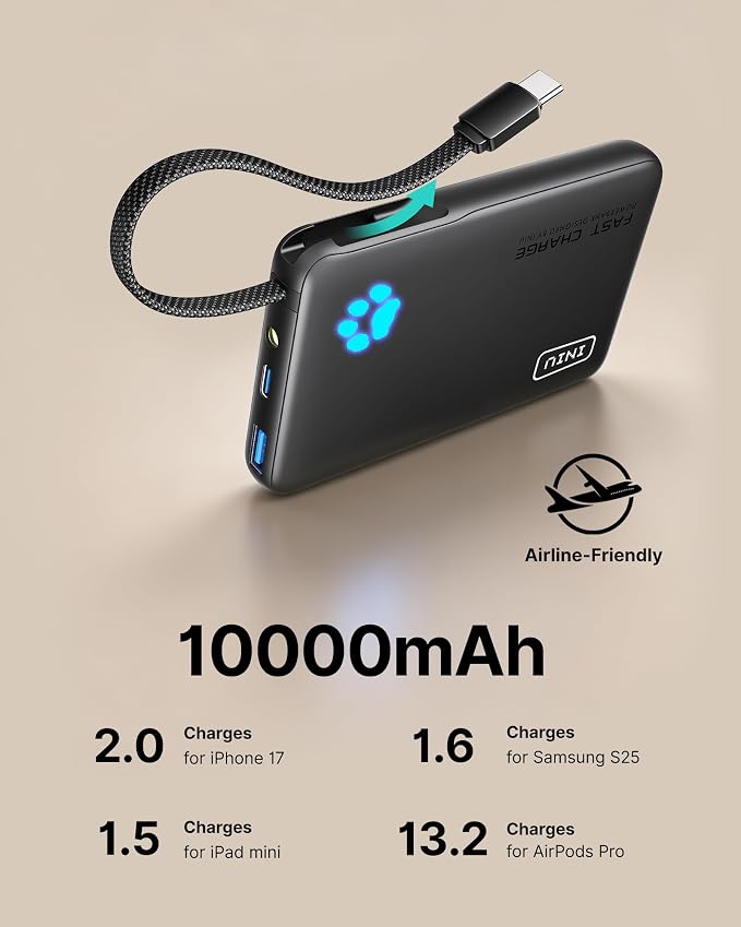 INIU 45W Fast Charging Tablet Portable Charger, Smaller 10000mAh Power Bank | Flight-Safe, Built-in USB C Cable, Flashlight, Battery Phone Pack for Tablet, iPad, iPhone 17 16, Samsung S26 etc - Image 7