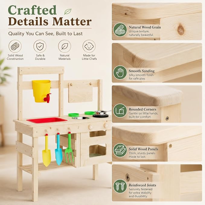 Kids Wooden Mud Kitchen Outdoor Playset, Solid Wood Backyard Pretend Kitchen with Working Faucet, Sink, Cutting Board, Planting Cups, Toy Cookware, Magnetic Cabinet Door and Storage Shelf - Image 3