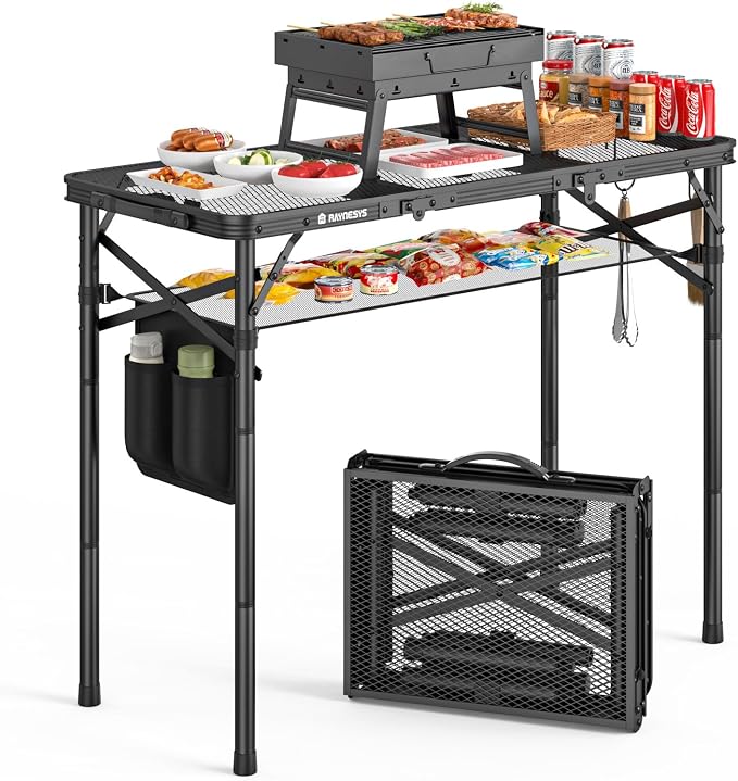 Raynesys Portable Folding Grill Table for Outside for Picnic, Camping | 3 Height Adjustable Small Camping Table with Mesh Bag, Metal Aluminum Folding Table, 35.43x15.75 inches, Black by Raynesys