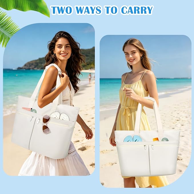 HUANLANG Large Beach Bags for Women Pool Bag with Zipper, Waterproof Sandproof Beach Tote Travel Bag with Wet Pocket - Image 9